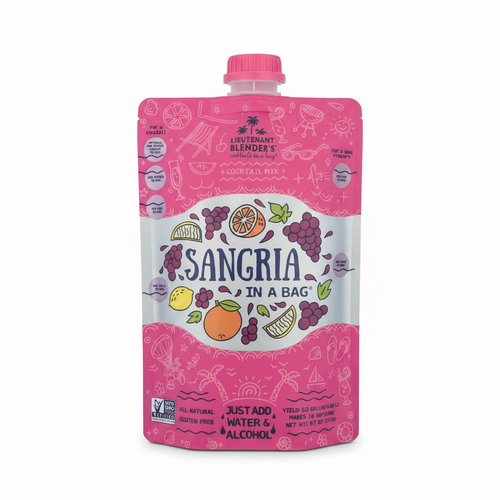 Pink 'Sangria in a Bag' cocktail mix pouch on a white background