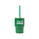 Green tumbler with 'Cup of Cheer' text and a straw on a white background