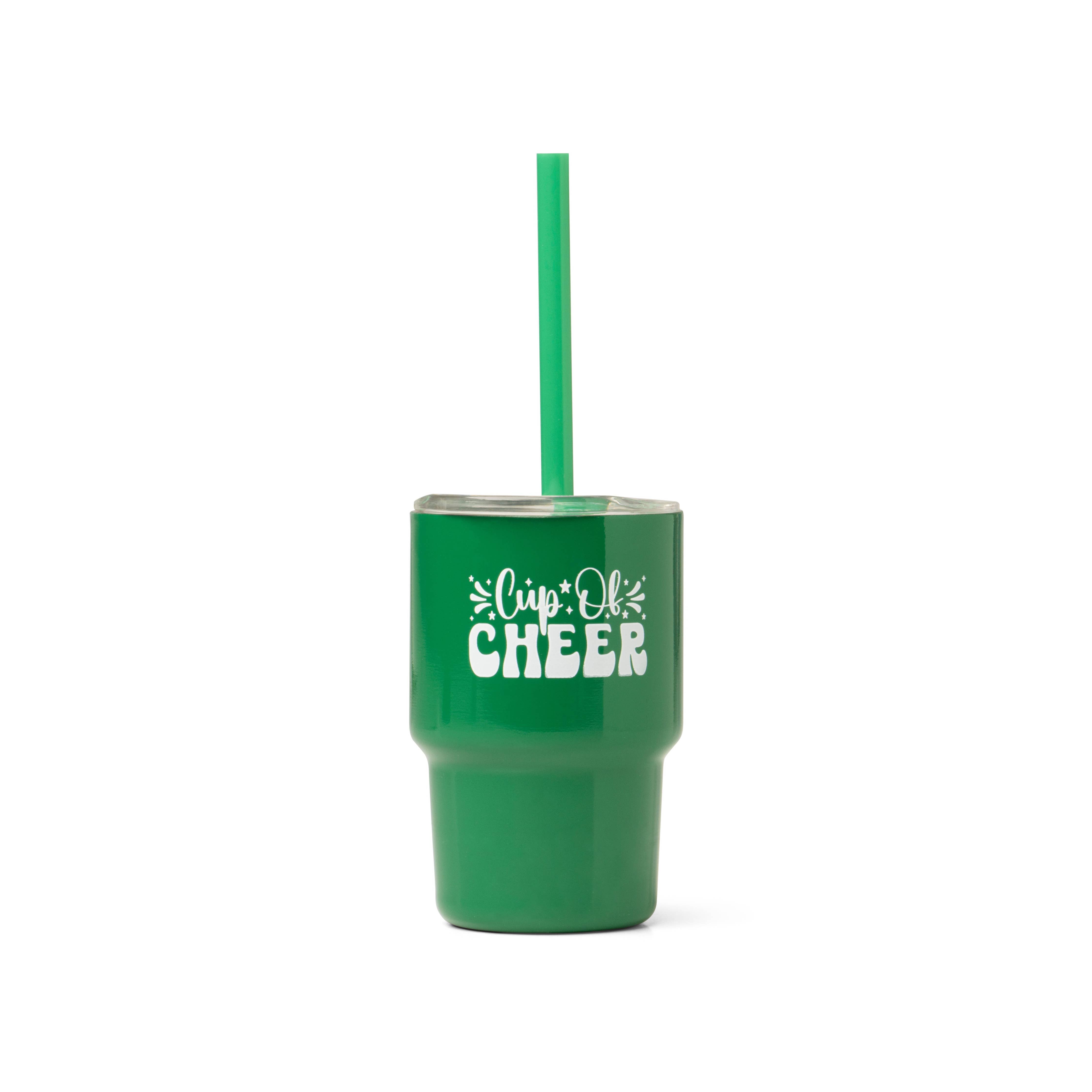 Green tumbler with 'Cup of Cheer' text and a straw on a white background