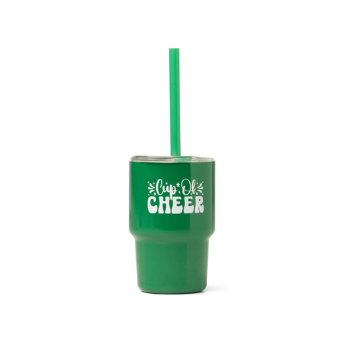 Green tumbler with 'Cup of Cheer' text and a straw on a white background