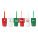 Set of six Christmas-themed tumblers with straws on a white background