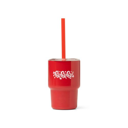 Red tumbler with fancy 'ho ho ho' script with a straw on a white background