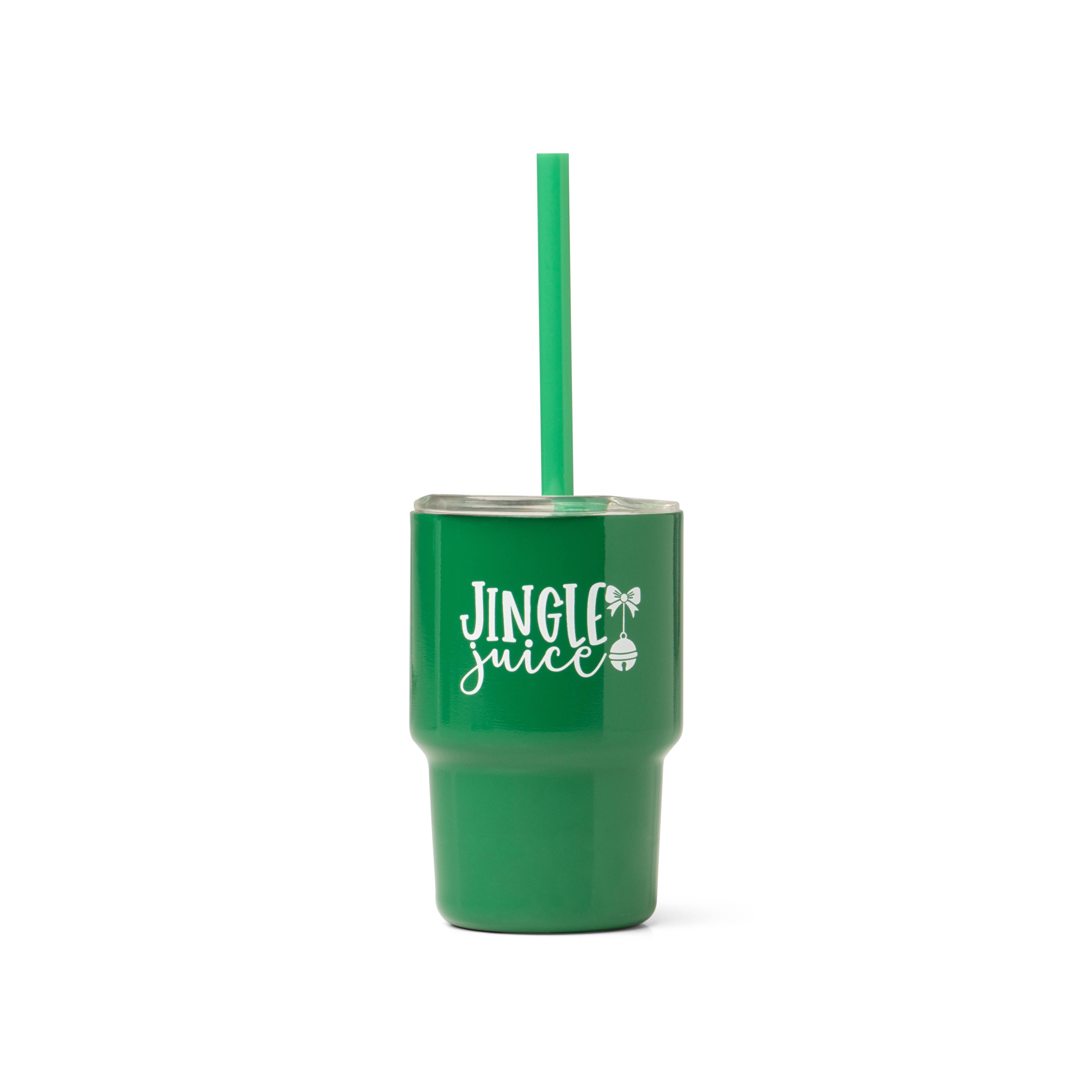 Green tumbler with 'Jingle Juice' text and a straw on a white background