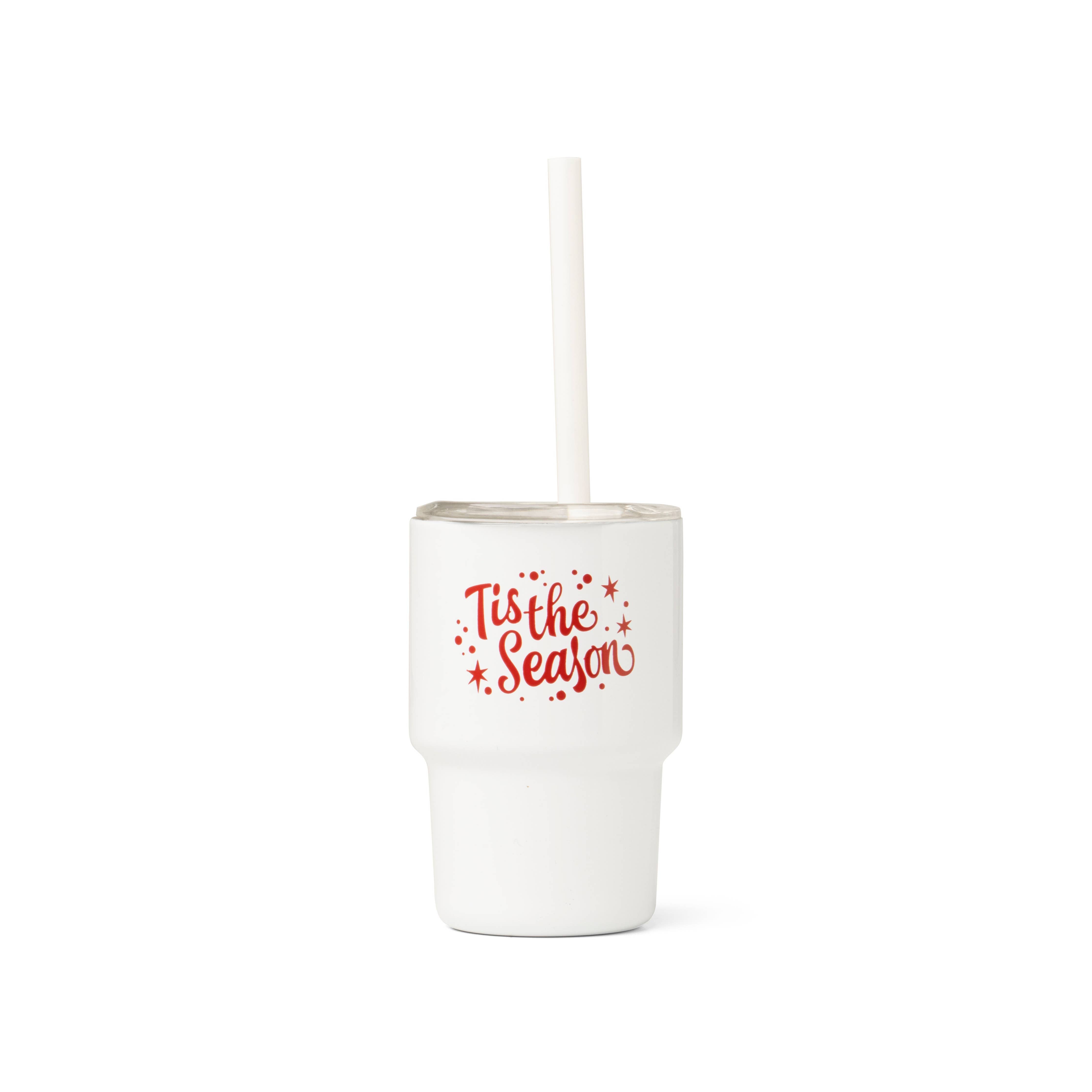 White tumbler with 'Tis the Season' text on a white background