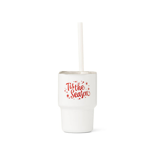 White tumbler with 'Tis the Season' text on a white background