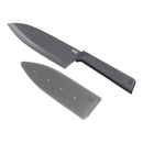 A matte black chef's knife with a matching black handle and a gray sheath, displayed on a clean white background.