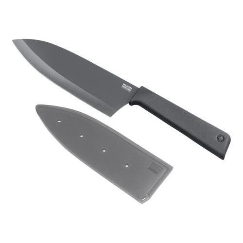 A matte black chef's knife with a matching black handle and a gray sheath, displayed on a clean white background.