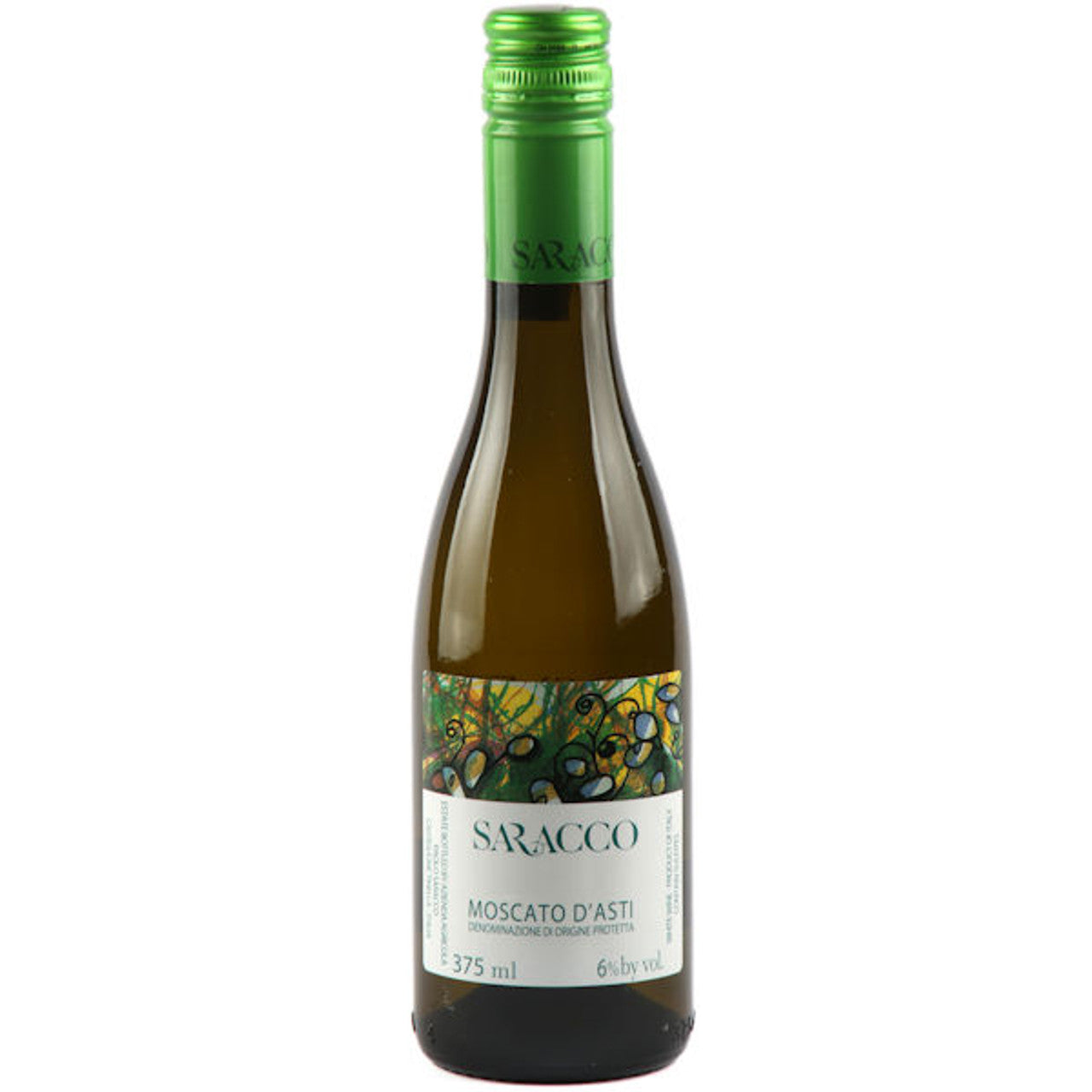 Wine bottle with green cap and colorful label on a white background