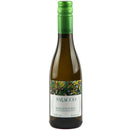 Wine bottle with green cap and colorful label on a white background