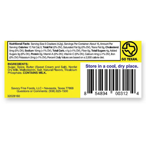 Back of a food package with nutritional facts, ingredients, and storage instructions on a white background.