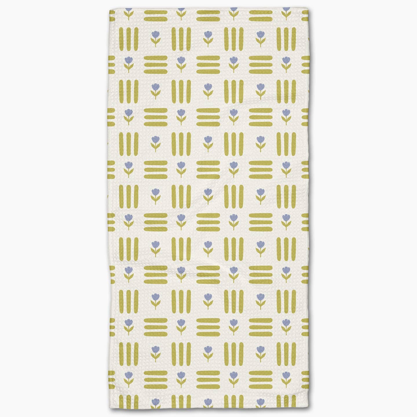 Patterned towel with green and blue design on a white background