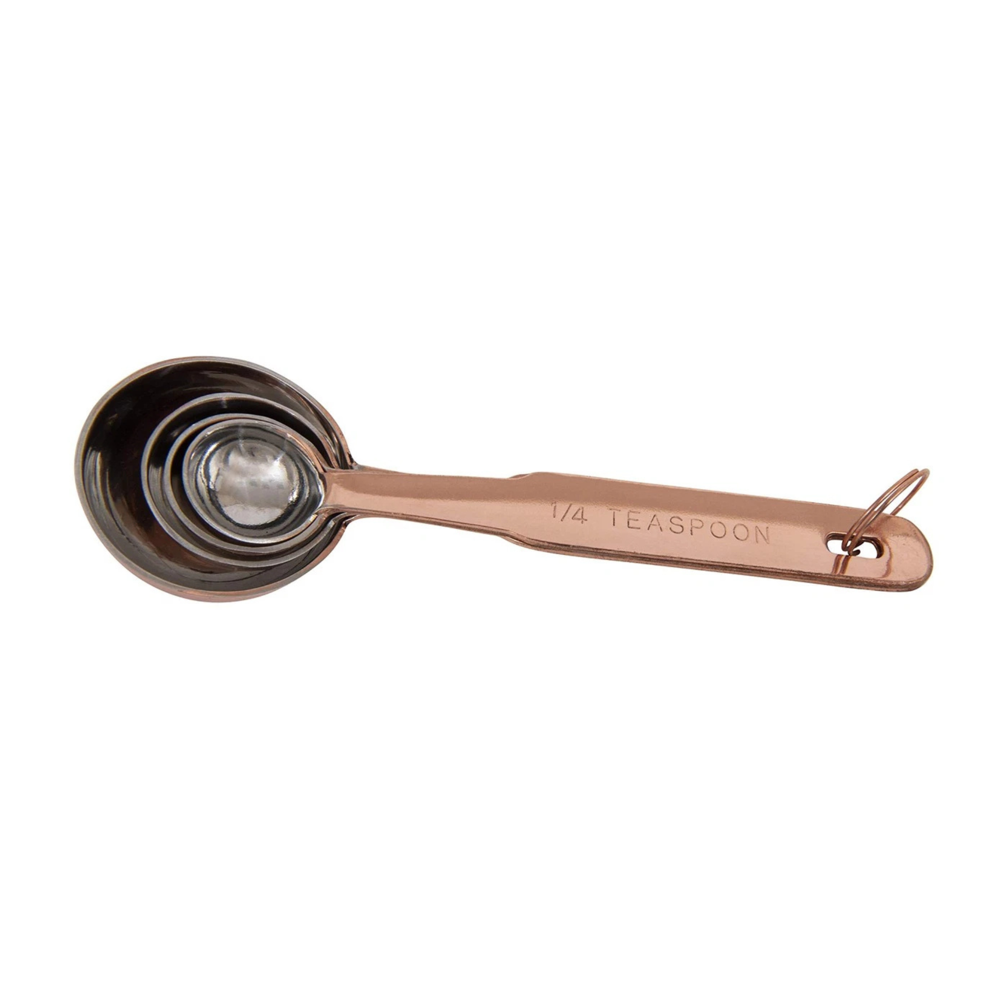 A set of nested metal measuring spoons in a rose gold finish, with the smallest spoon marked '1/4 TEASPOON', shown on a plain white background.