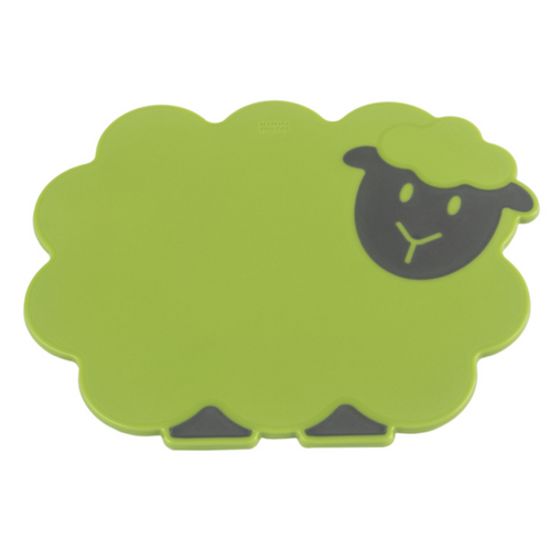 A sheep-shaped silicone mat in lime green with a dark gray face and feet, shown on a plain white background.