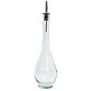 A glass bottle for oil or vinegar with stainless steel pourer on a white background.