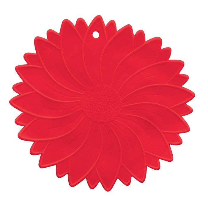 Red silicone flower-shaped jar opener on a white background