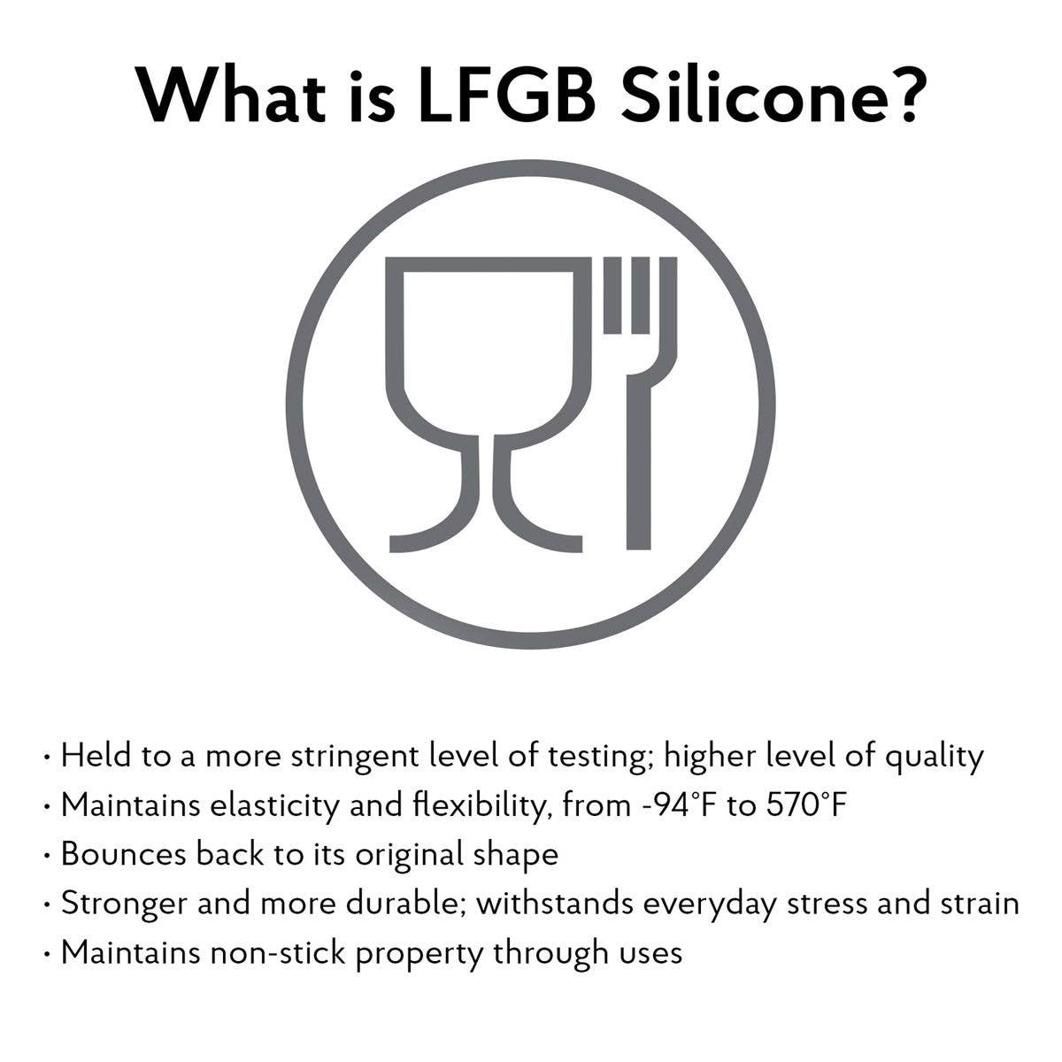 Information about LFGB Silicone with a symbol of a fork and glass.