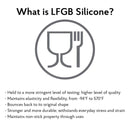 Information about LFGB Silicone with a symbol of a fork and glass.