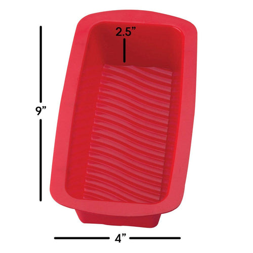 Red silicone baking mold with dimensions on a white background