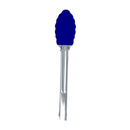 Blue silicone mini tongs with a stainless steel handle on a white background.