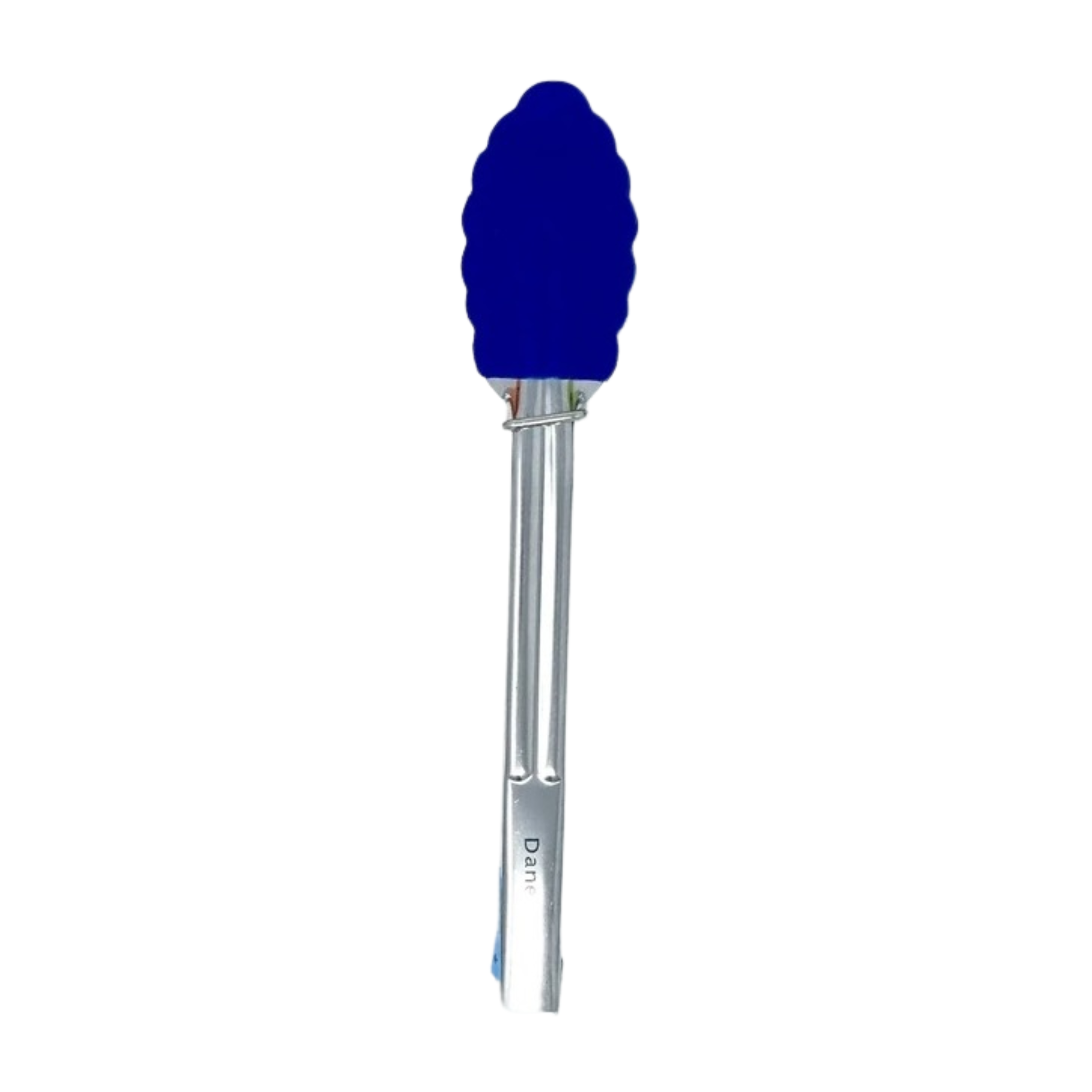 Blue silicone mini tongs with a stainless steel handle on a white background.