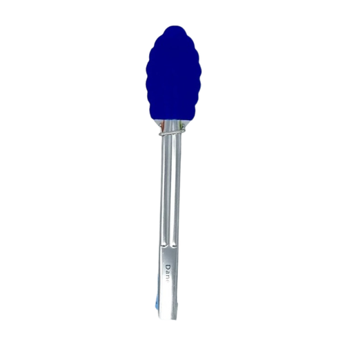 Blue silicone mini tongs with a stainless steel handle on a white background.
