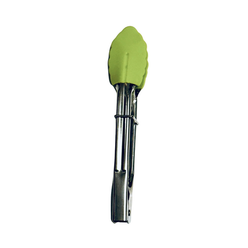 Green silicone mini tongs with a stainless steel handle on a white background.