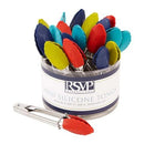 Colorful mini silicone tongs in a RSVP container on a white background