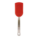 Red silicone spatula with metal handle on a white background