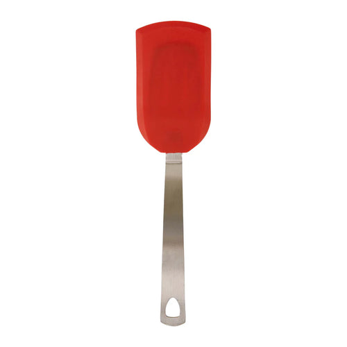Red silicone spatula with metal handle on a white background