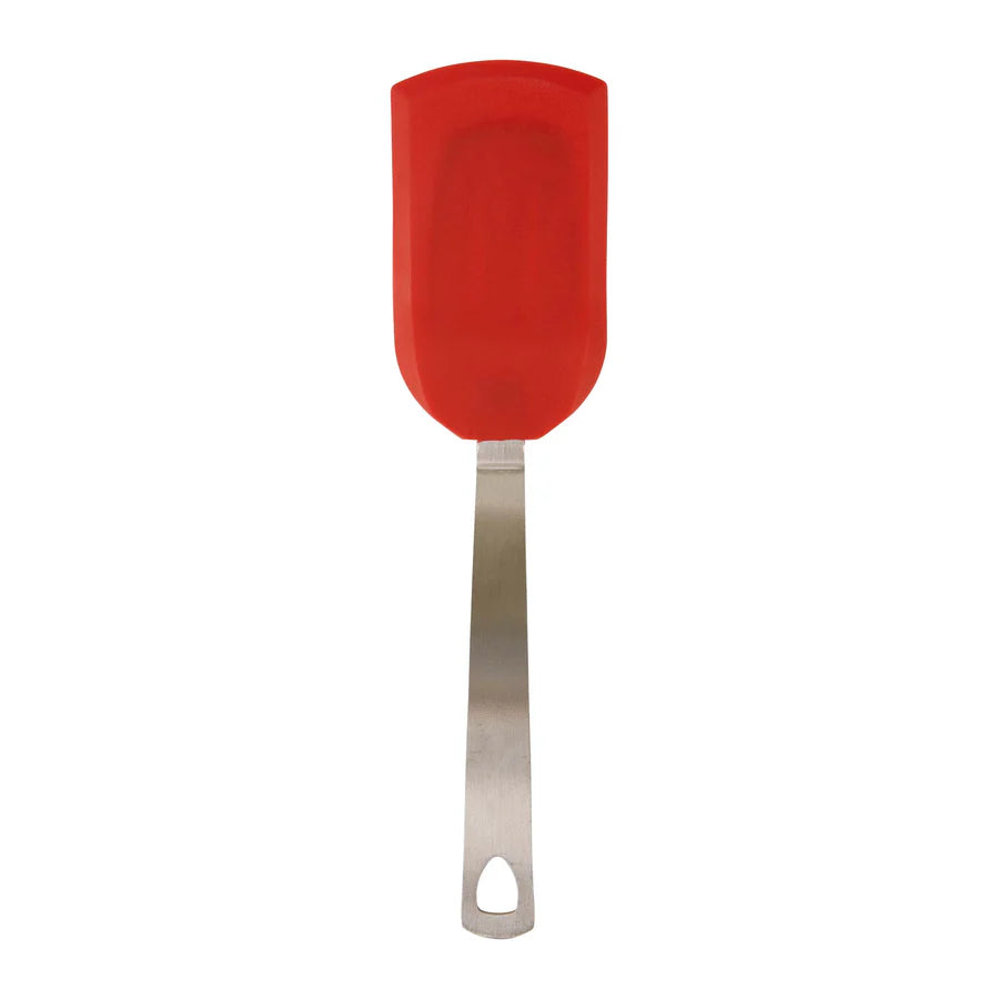 Red silicone spatula with metal handle on a white background