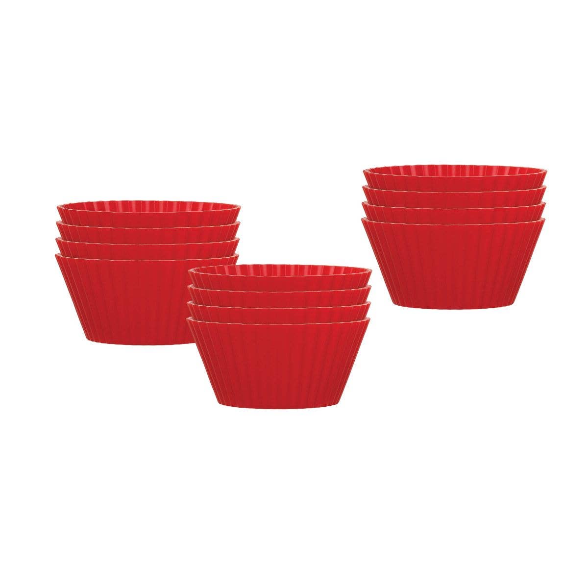 Set of red silicone baking cups on a white background