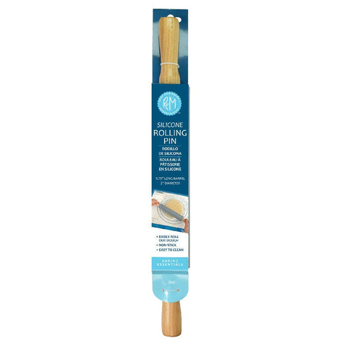 A silicone rolling pin in blue packaging on a white background.