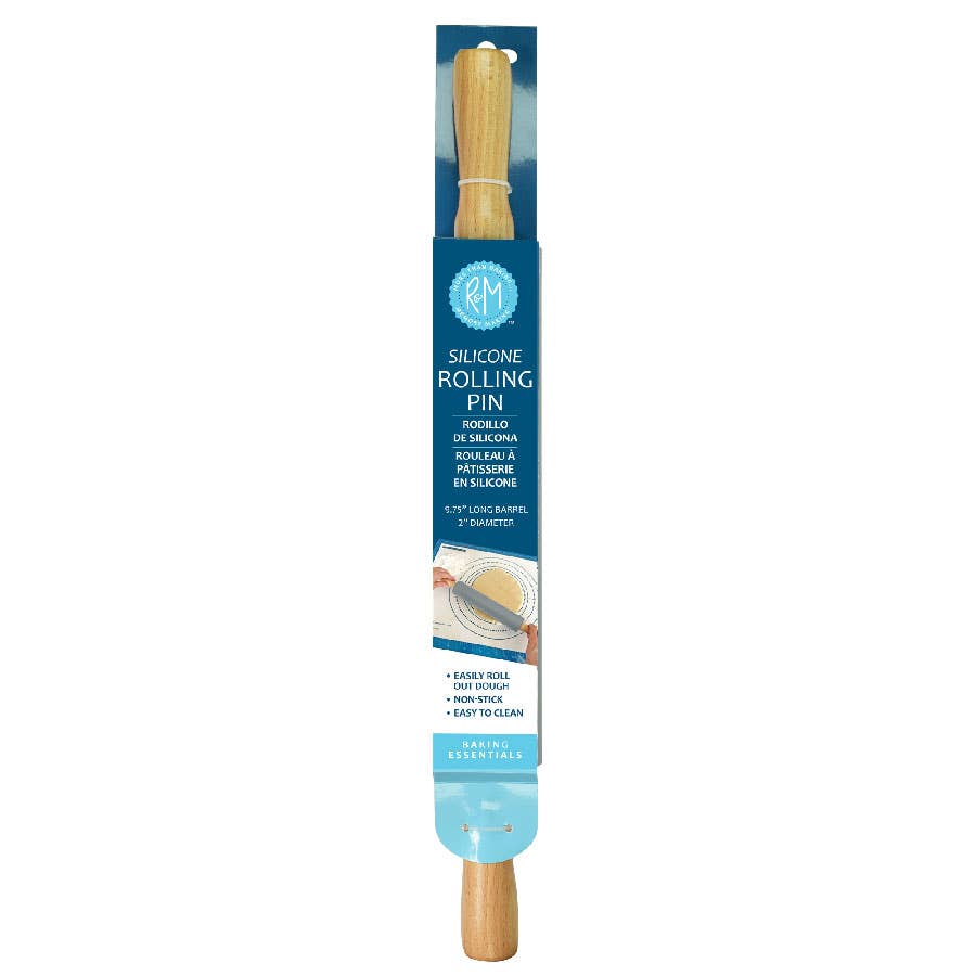 A silicone rolling pin in blue packaging on a white background.
