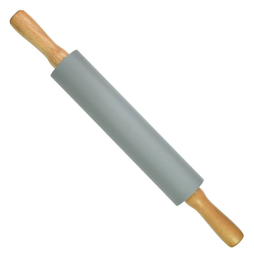 A silicone rolling pin with wooden handles and a gray silicone barrel.