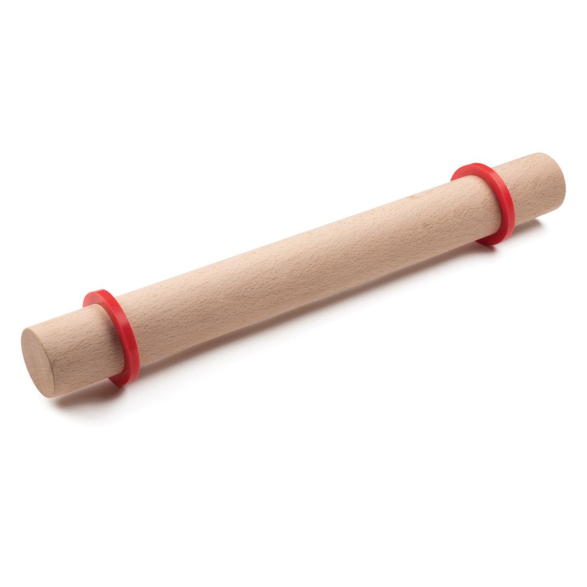 A rolling pin with a set of red silicone rings on each end on a white background.