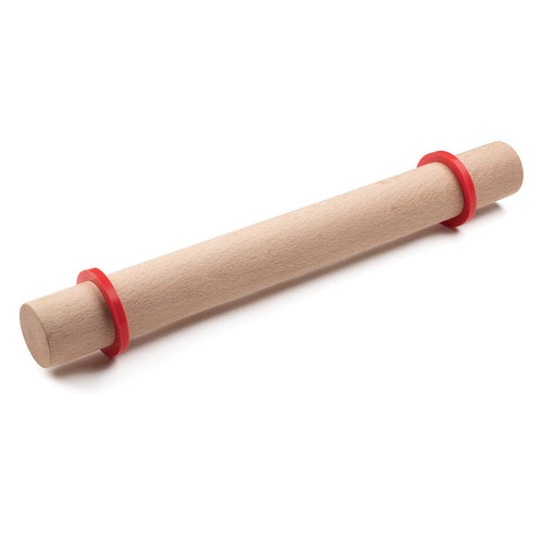 A rolling pin with a set of red silicone rings on each end on a white background.