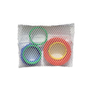 Four sets of colorful silicone rolling pin rings in a mesh bag on a white background.