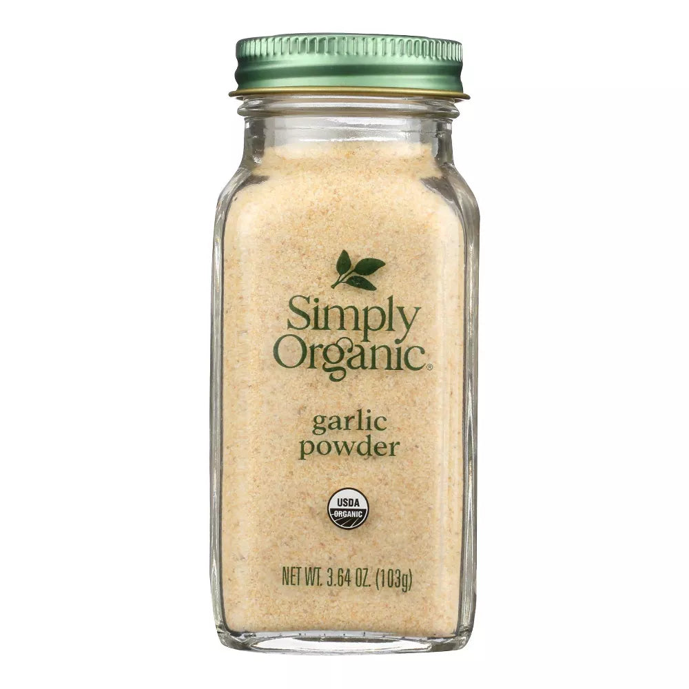A jar of Simply Organic Garlic Powder. The label on the jar indicates that it is a 3.