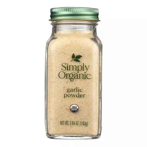 A jar of Simply Organic Garlic Powder. The label on the jar indicates that it is a 3.