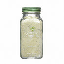 A glass jar containing Simply Organic brand Garlic Salt, with a green lid and a label displaying the product name and organic certification.