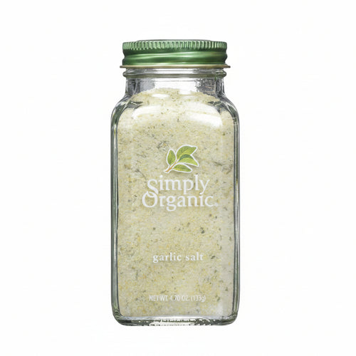 A glass jar containing Simply Organic brand Garlic Salt, with a green lid and a label displaying the product name and organic certification.