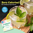 Glass of Skinny Margarita with lime and mint, craftmix packet, and text about zero calories and ingredients.