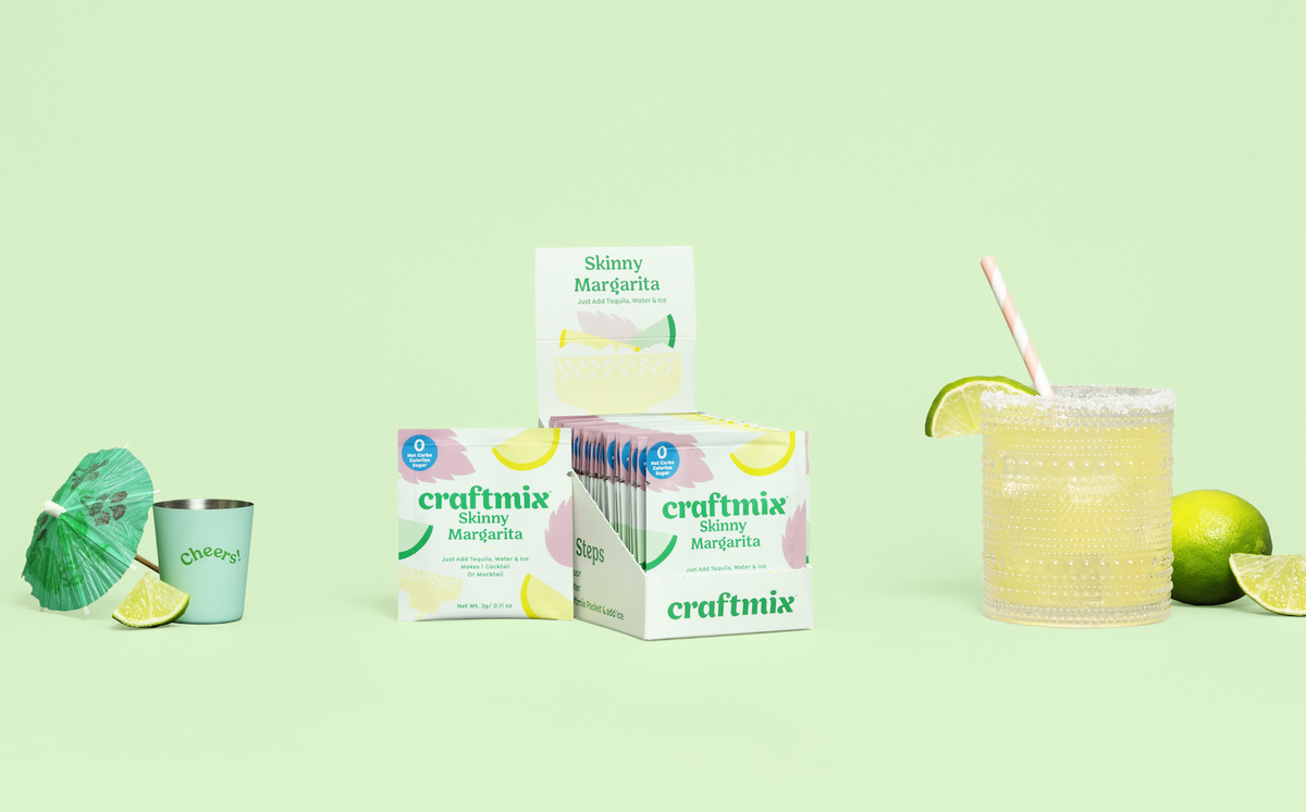 craftmix Skinny Margarita mix packaging with a glass of margarita on a light green background