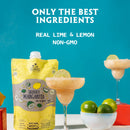 Skinny Margarita package with margaritas and limes on a blue background