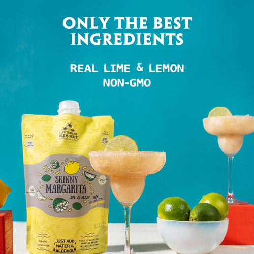 Skinny Margarita package with margaritas and limes on a blue background