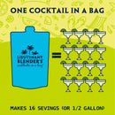 Promotional graphic for Lieutenant Blender's 'cocktails in a bag' showing a blue pouch labeled with the brand name and palm tree logo, alongside illustrated margarita glasses and text stating 'ONE COCKTAIL IN A BAG' and 'MAKES 16 SEVINGS (OR 1/2 GALLON)'.