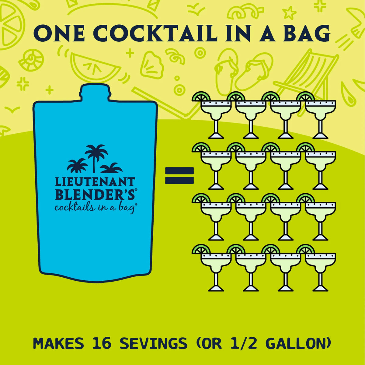Promotional graphic for Lieutenant Blender's 'cocktails in a bag' showing a blue pouch labeled with the brand name and palm tree logo, alongside illustrated margarita glasses and text stating 'ONE COCKTAIL IN A BAG' and 'MAKES 16 SEVINGS (OR 1/2 GALLON)'.