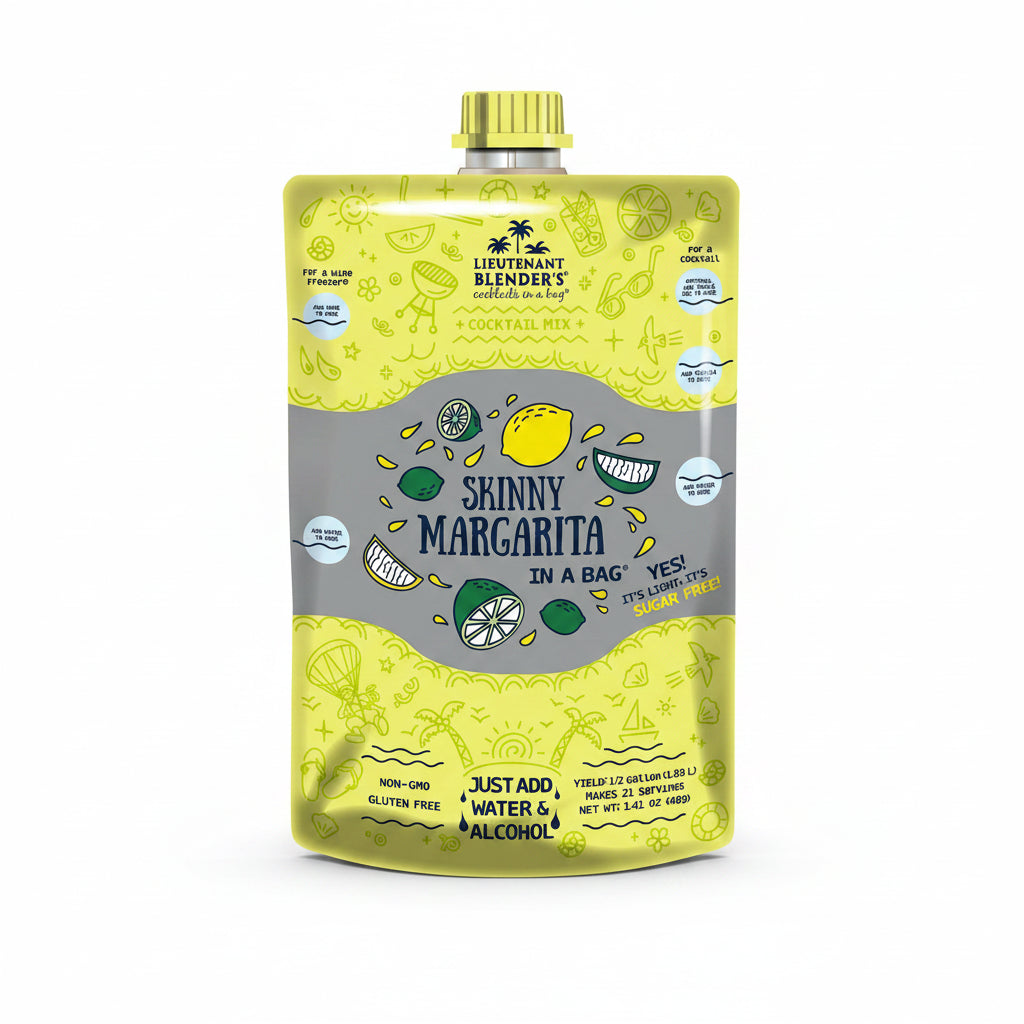 Yellow and gray package of 'Skinny Margarita in a Bag' with cocktail illustrations.