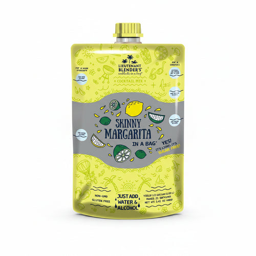 Yellow and gray package of 'Skinny Margarita in a Bag' with cocktail illustrations.