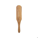 Wooden paddle with a brand logo on a white background
